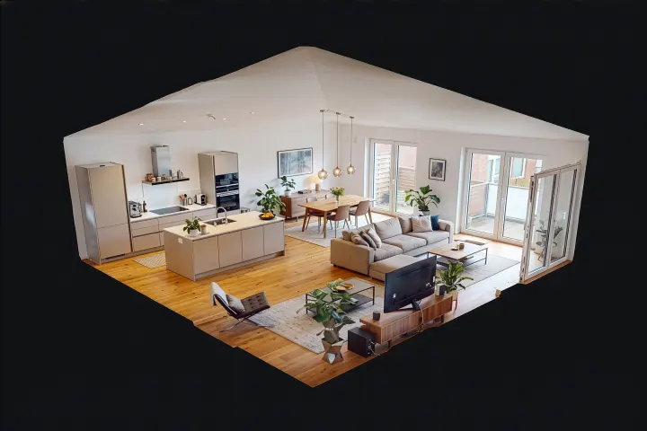 Aufgeschnittene 3D-Ansicht einer Wohnung mit offener Küche, Wohnzimmer und Terrassentür (KI-generiertes Symbolbild)
