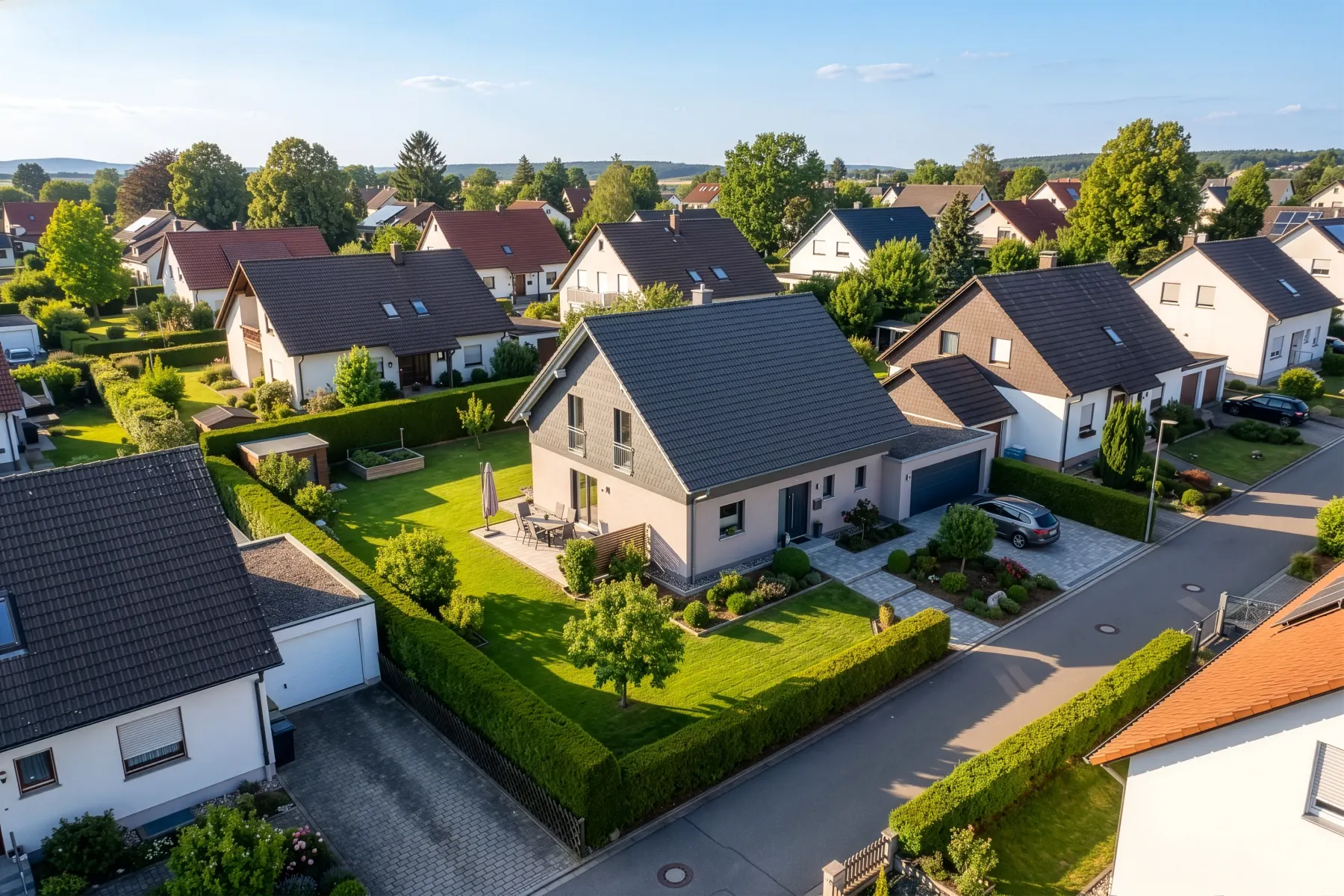 Luftbild eines Einfamilienhauses mit Garten in einem Wohngebiet (KI-generiertes Symbolbild)