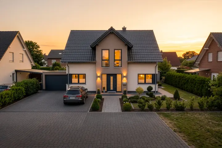 Einfamilienhaus mit beleuchteten Fenstern in der Dämmerung, von vorn aus der Luft (KI-generiertes Symbolbild)